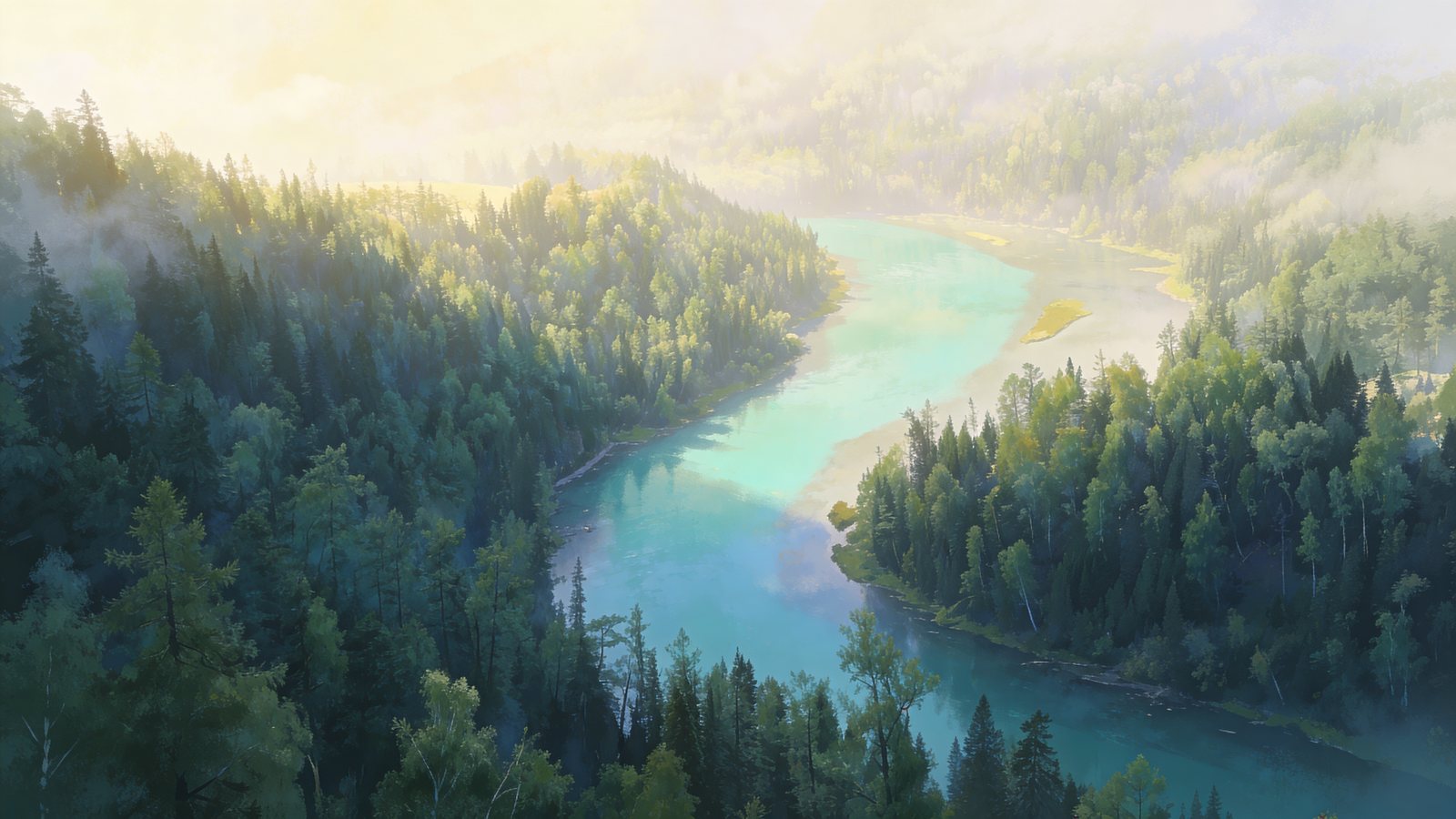 Soft-matte painting of a sunlit mountain valley