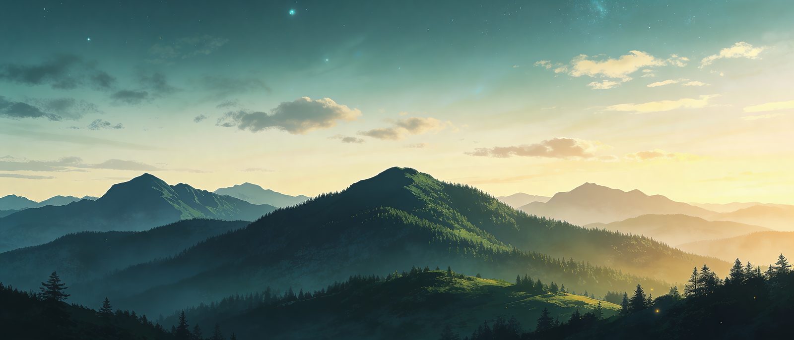 Soft-matte painting of an evergreen ridge at dusk