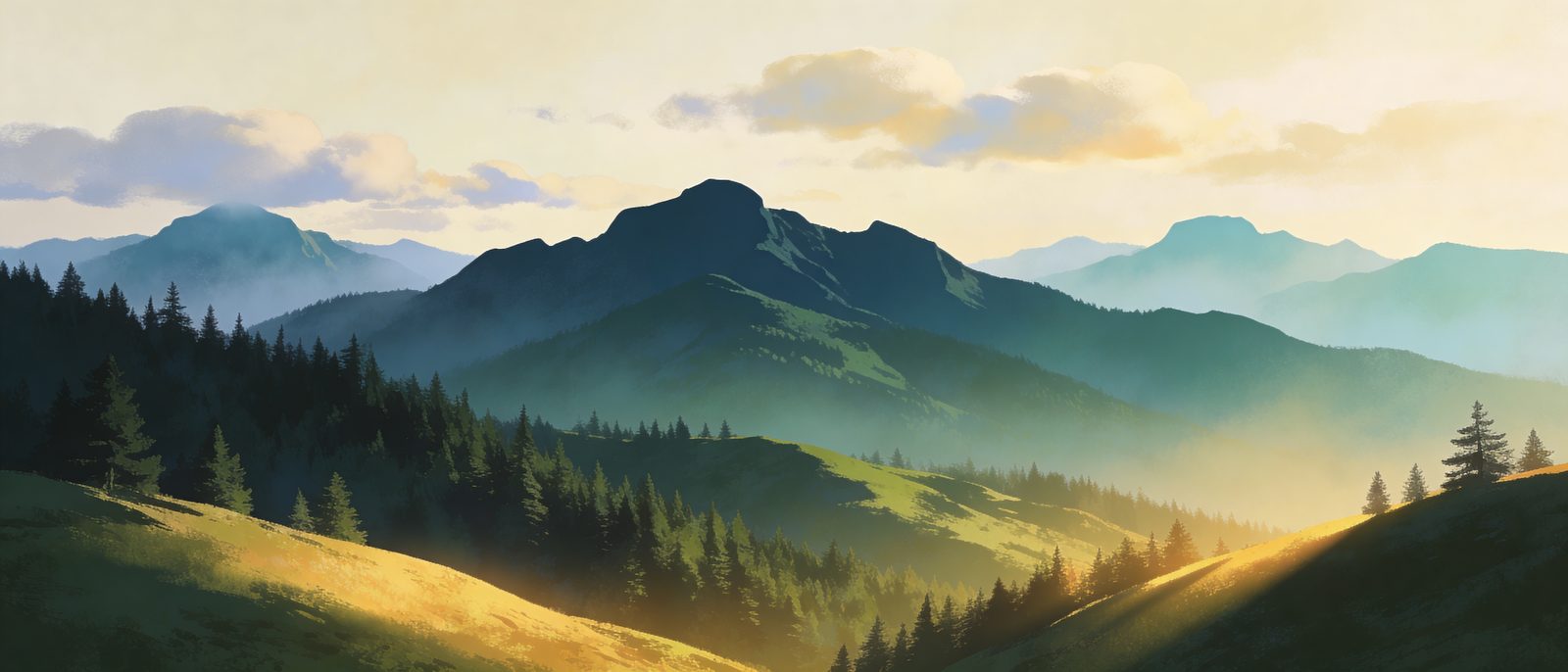 Soft-matte painting of forested foothills at golden hour